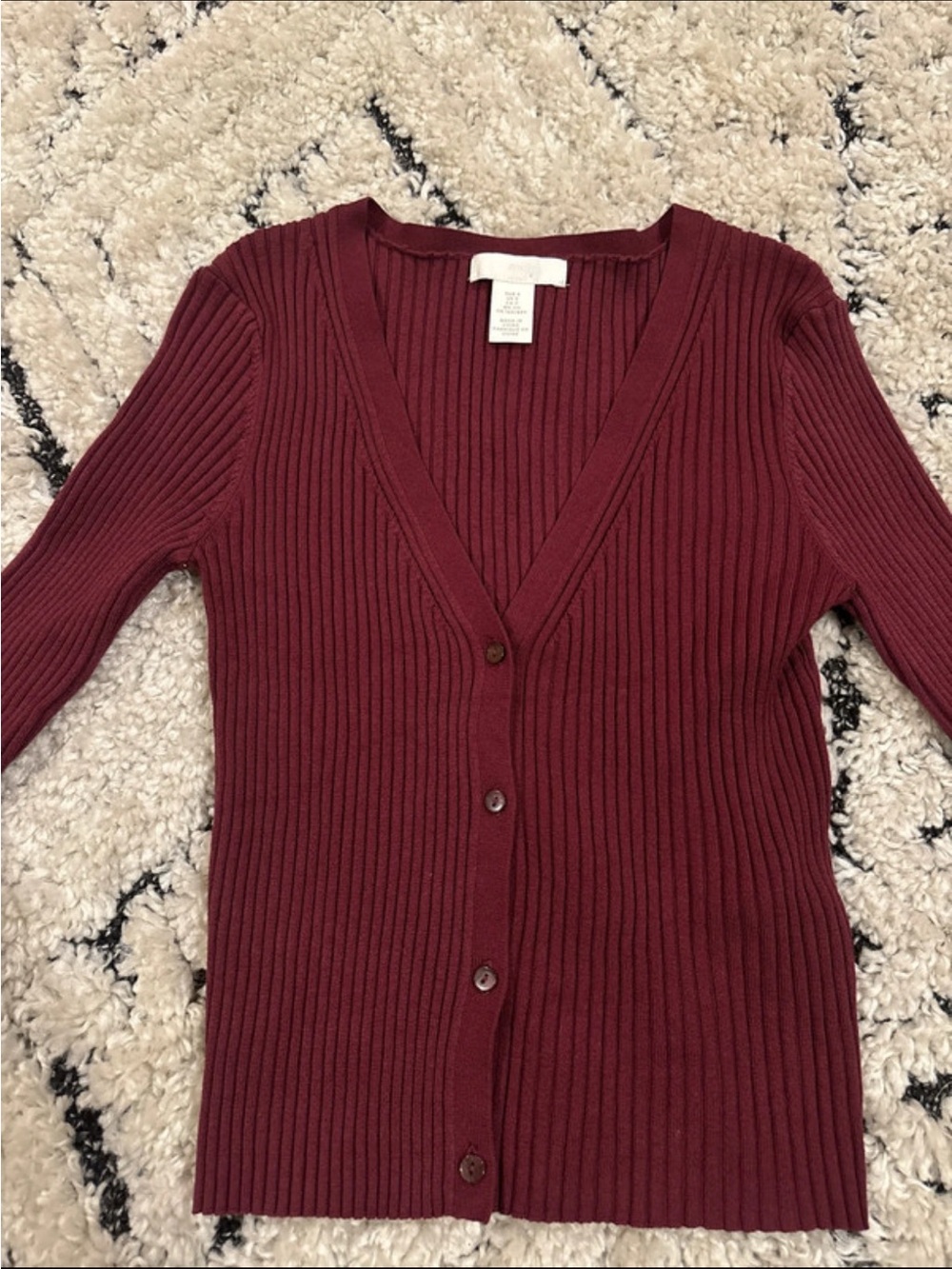 H&M Ribbed V-Neck Button Cardigan - Burgundy